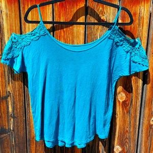Kismet Lace/Teal peekaboo shoulder Top